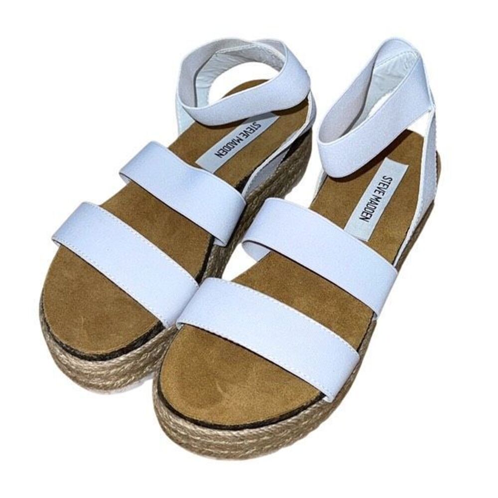 Steve Madden Womens Kimmie Espadrille Wedge Strappy Sandals White‎ Tan Size 7